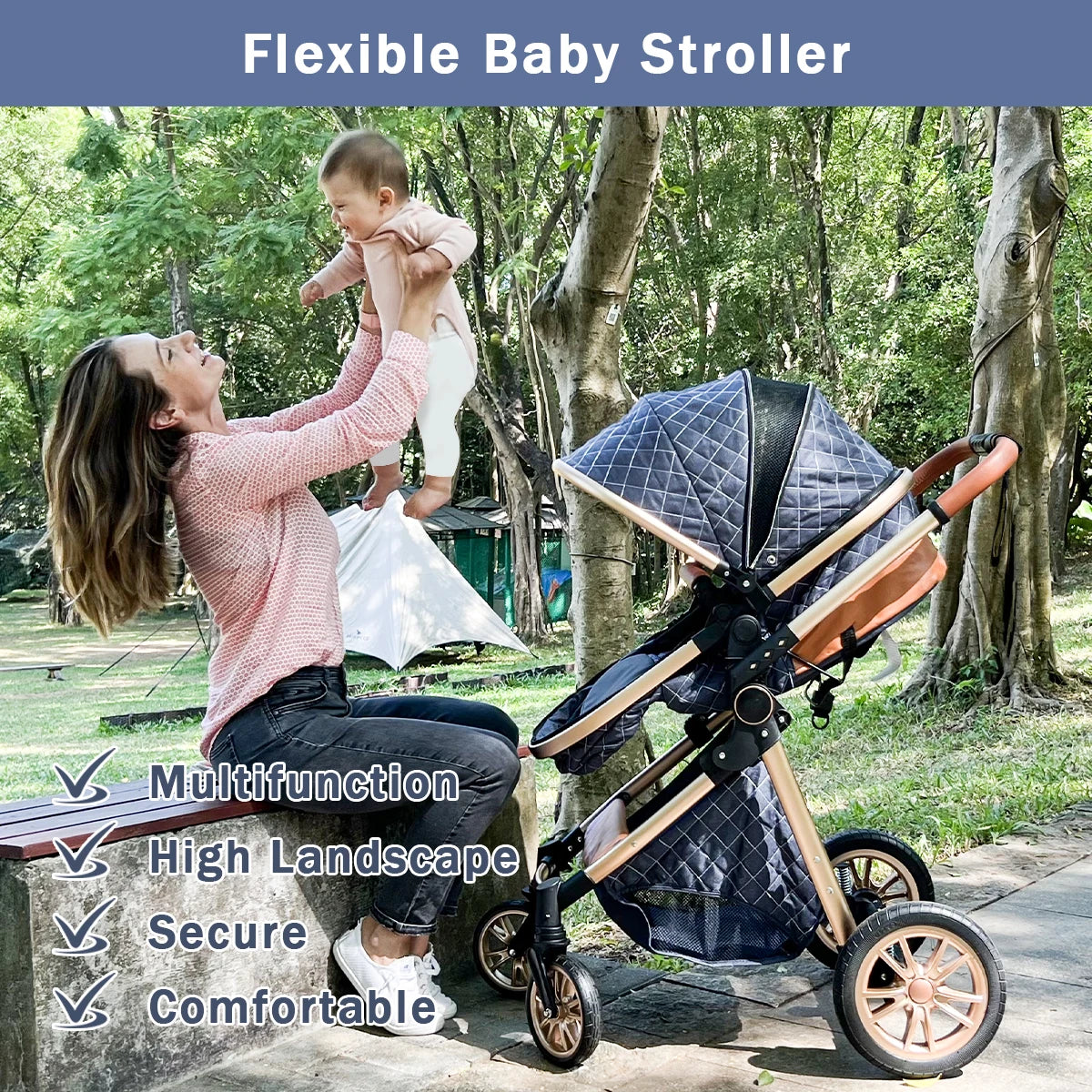 High landscape baby stroller, portable and foldable, a travel trolley that can be pushed in both directions
