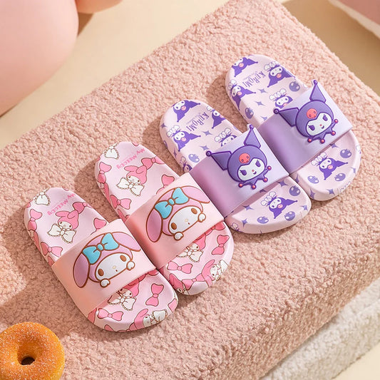 SANRIO Kuromi Cartoon Slippers Girls And Boys Indoor Non-slip Slide Shoes Outdoor Open Toe Sandals For Children Soft Comfortable