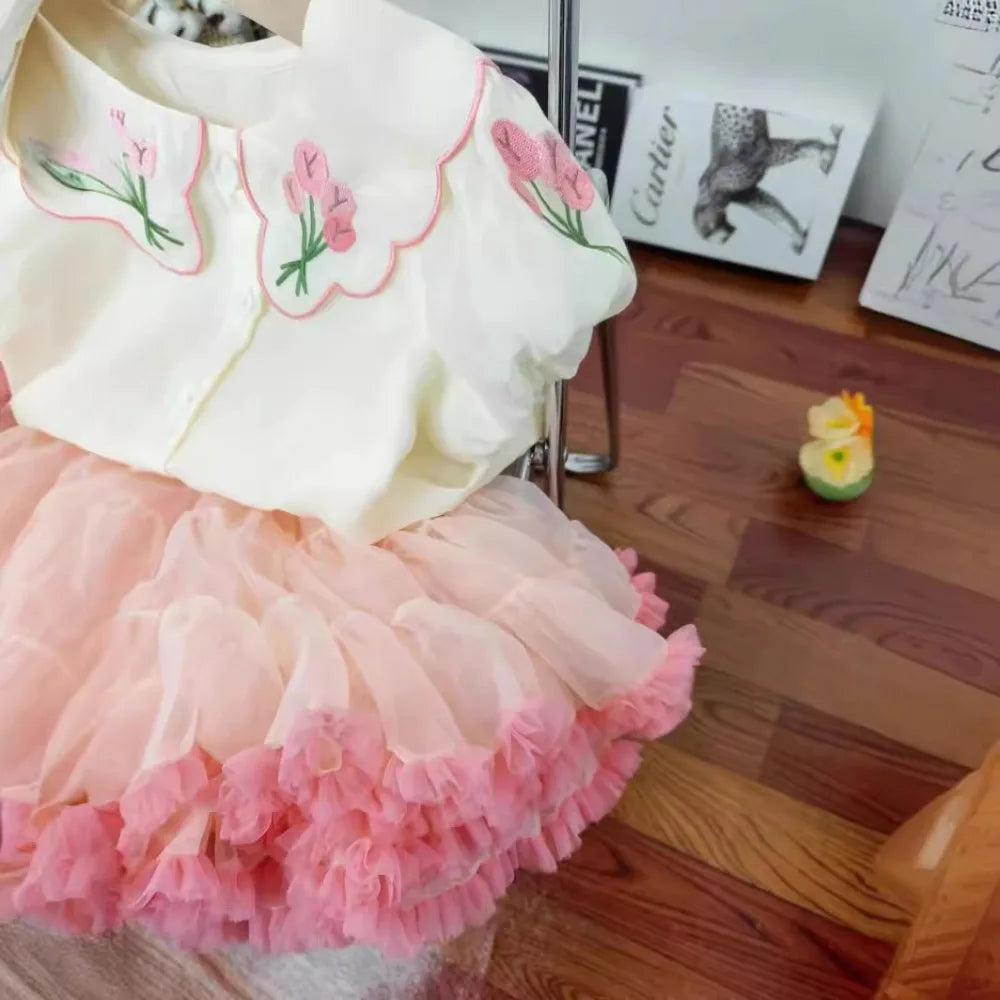 Bear Leader Summer Sweet and Cute Girl's Clothing Embroidered Flower Doll Collar Short Sleeve Top+Mesh Puff Skirt Two Piece Set