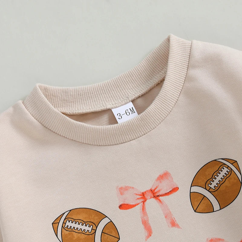 Infant Girl Football Print Long Sleeve Bubble Romper with Crew Neck and Bow Detail - Adorable Newborn Bodysuit for Game Day