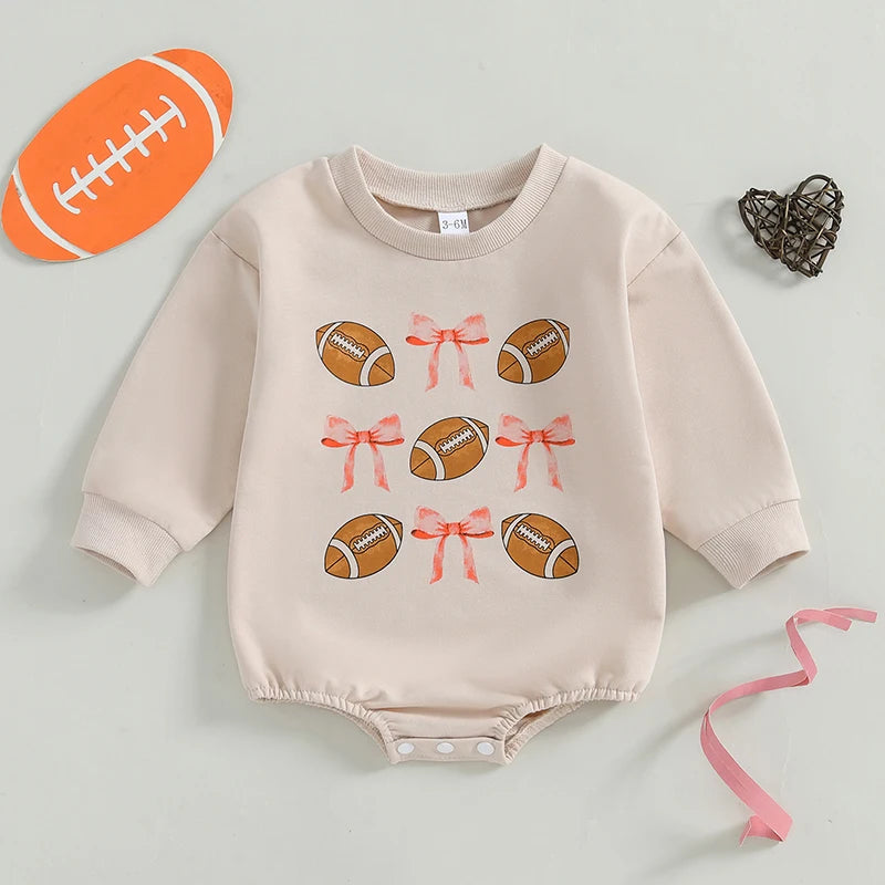 Infant Girl Football Print Long Sleeve Bubble Romper with Crew Neck and Bow Detail - Adorable Newborn Bodysuit for Game Day