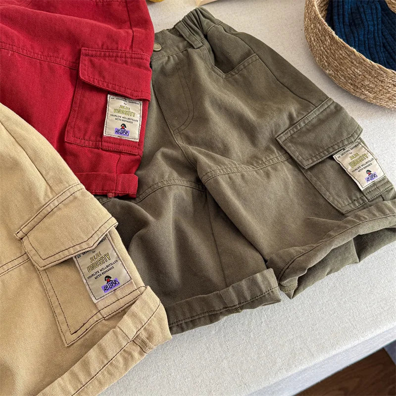 2025 Spring New Children Cargo Pants Cotton Boys Casual Pants Solid Versatile Baby Girls Loose Trousers Kids Wide Leg Pants