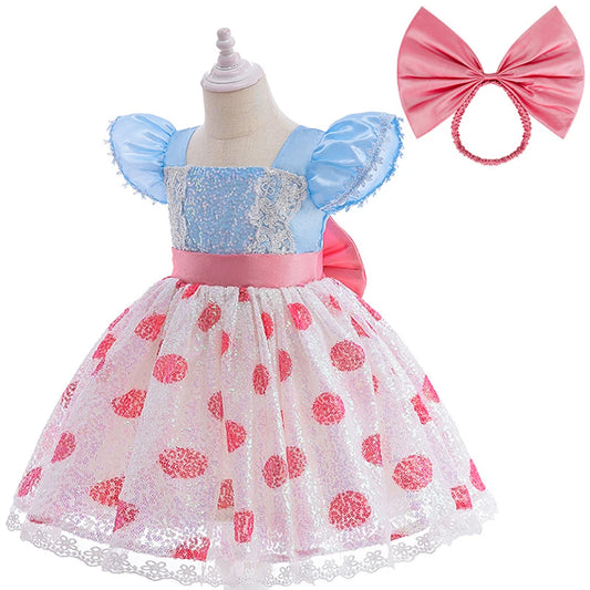 Kids Cosplay Costume with Headband Flying Sleeve Sequins Dress Little Shepherdess Princess Dress for Halloween Carnival Party
