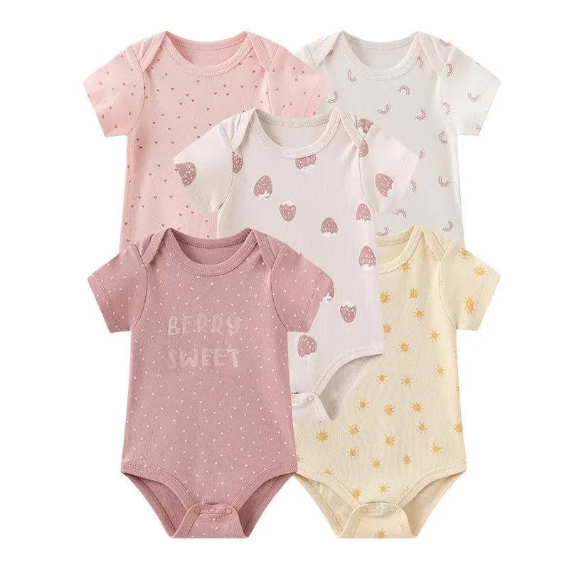 Kiddiezoom 5 Piece Fashion Cartoon Boys and Girls Bodysuits 100% Cotton Soft Newborn Bodysuit Set Summer