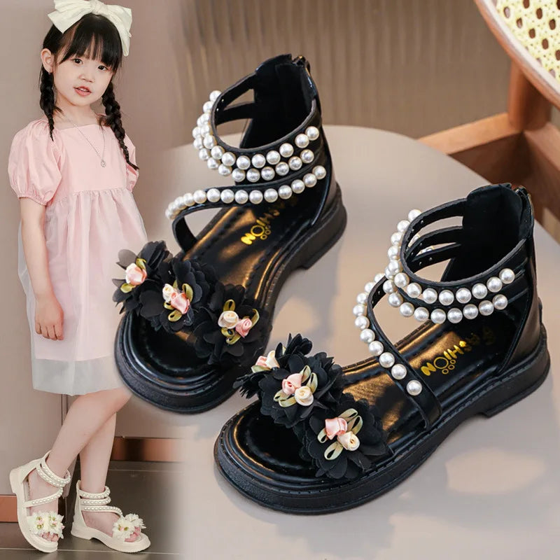New Girls Summer Sandals Beige Flower Pearls Little Girl Princess Shoes Black Soft Bottom Non-slip Girls Kid Roman Sandals Shoes
