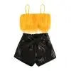 Listenwind 2-7Y Kids Children Girls Clothes Set Vest Tops Pu Leather Bow Shorts Summer Outfits