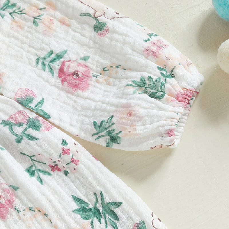 Adorable Baby Girls Easter Romper with Bunny Print Ruffled Long Sleeve Jumpsuit and Matching Headband Set for Toddler