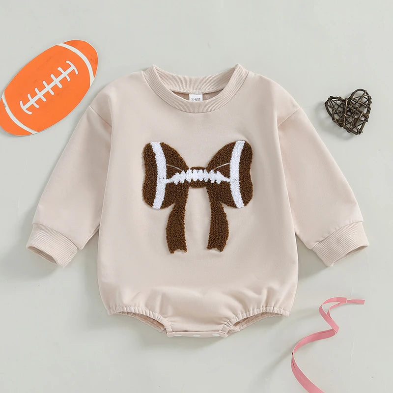 Infant Girl Football Print Long Sleeve Bubble Romper with Crew Neck and Bow Detail - Adorable Newborn Bodysuit for Game Day