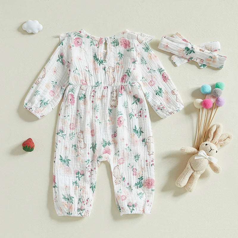Adorable Baby Girls Easter Romper with Bunny Print Ruffled Long Sleeve Jumpsuit and Matching Headband Set for Toddler