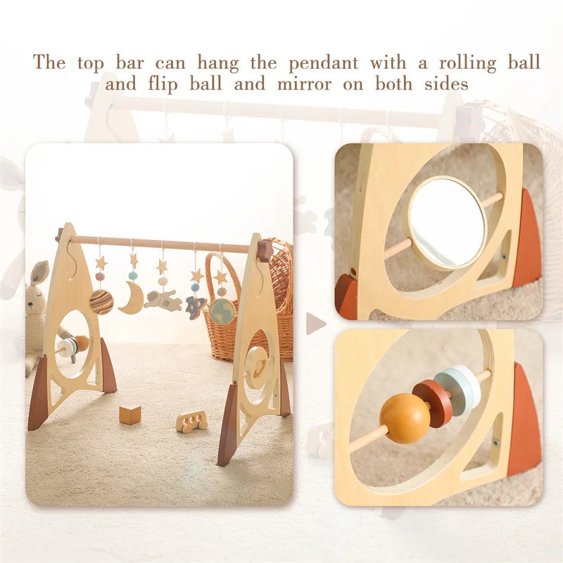 Baby Wooden Gym Frame Rocket Model Newborn Play Gym Activity Celestial Hanging Pendant Rattle For Baby Education Montessori Toys