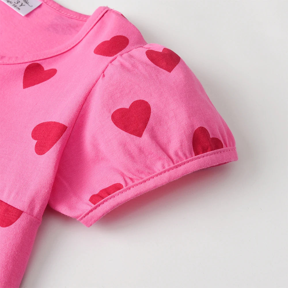 DXTON Short Sleeve Girls Clothing Children Summer Dresses Heart Print School Kids Daily Dress Toddler Vacation Costumes