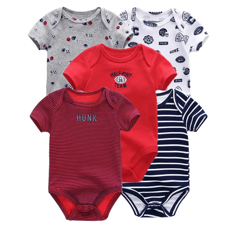 Kiddiezoom 5 Piece Fashion Cartoon Boys and Girls Bodysuits 100% Cotton Soft Newborn Bodysuit Set Summer