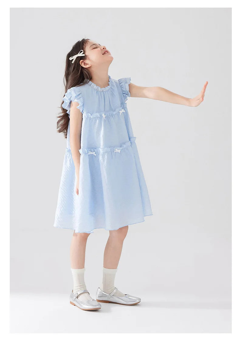 Girls Summer Dress Sweet Flying Sleeve Bow Lace Ruched Kids Girls Princess Dress Thin Cotton Cool Children Girls Dress