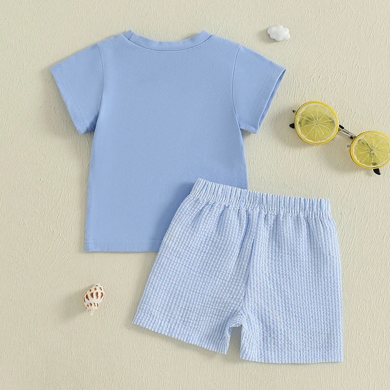 Boys Summer Outfit Set with Short Sleeve Ocean Animal Embroidered Top and Striped Shorts - Cute and Comfy Summer Wear