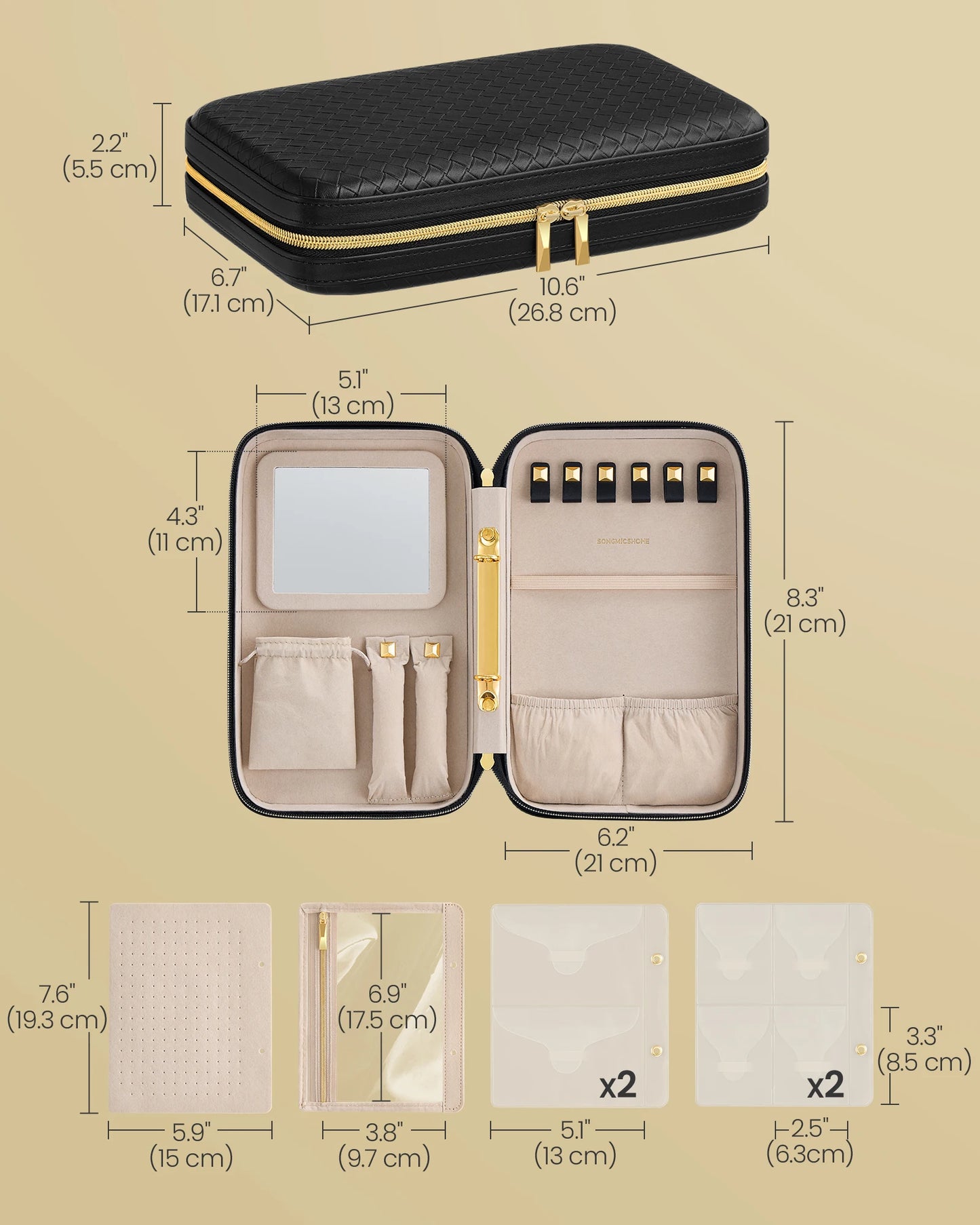 SONGMICS HOME Travel Jewelry Case, Jewelry Organizer Box with Mirror, Jewelry Pouch, Woven Embossed PU Leather, Hard Shell