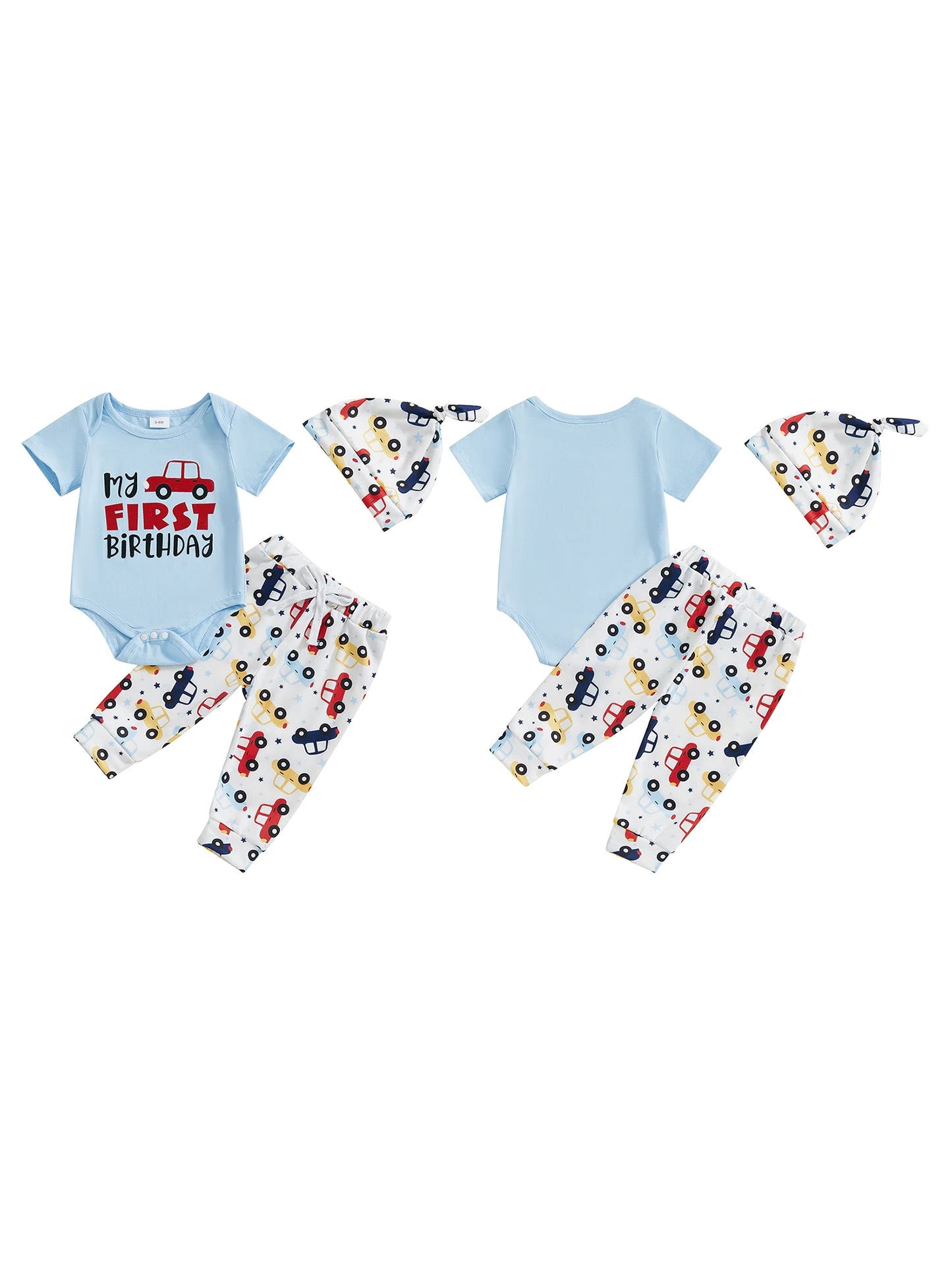Toddler Boy Birthday Clothes Short Sleeve One Print Romper Car Pattern Long Pants Hat 3 Piece Outfit Set for Boys