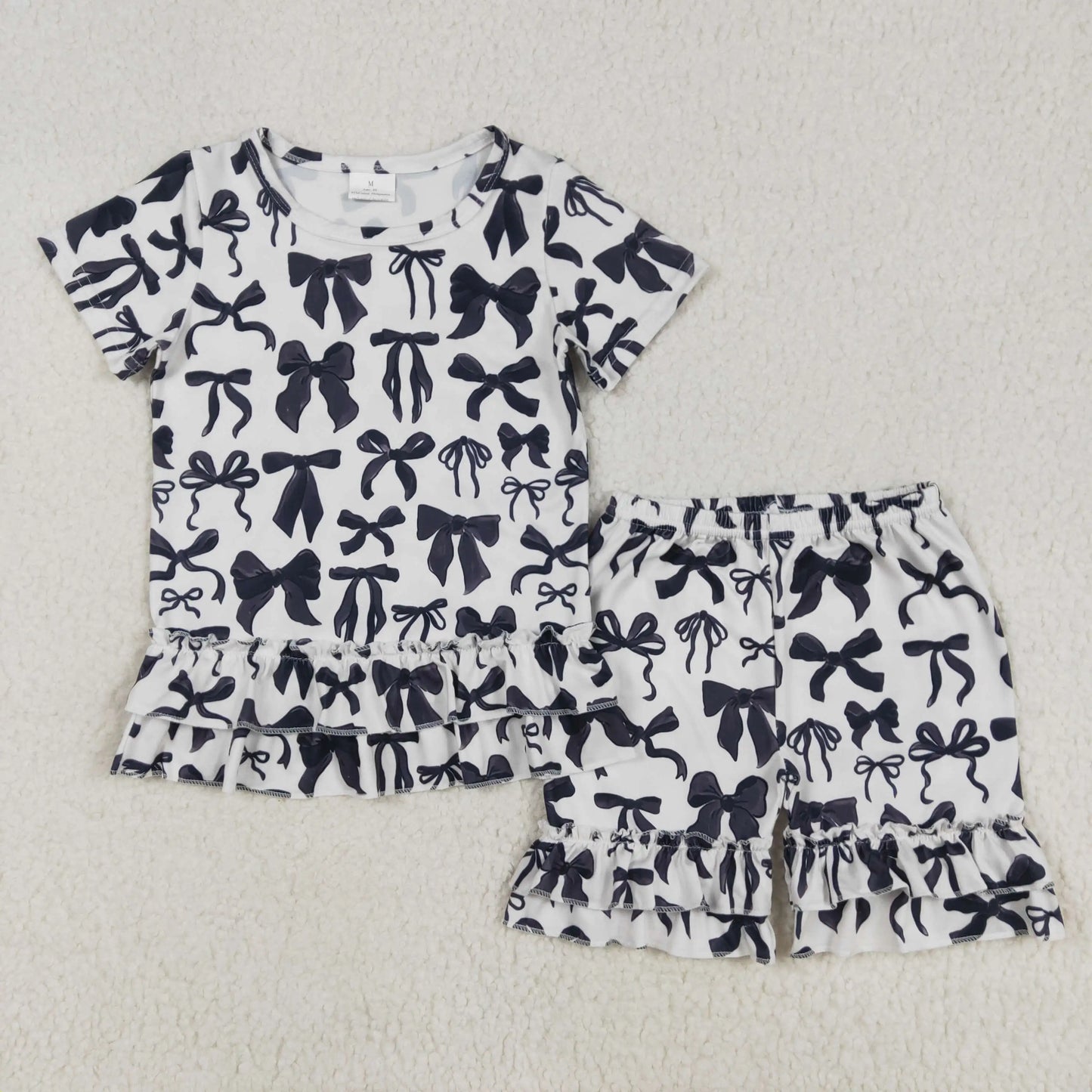3.6 yan New rts baby girl summer suit wholesale boutique floral leaf bow pattern pink short sleeve shorts pajamas girls set