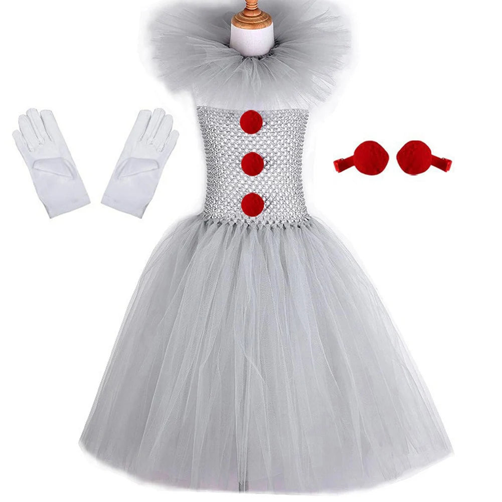 Girls Halloween Clown Tutu Dress Tulle Fancy Dress Creepy Clown Cosplay Clothes Halloween Dress Up Costume