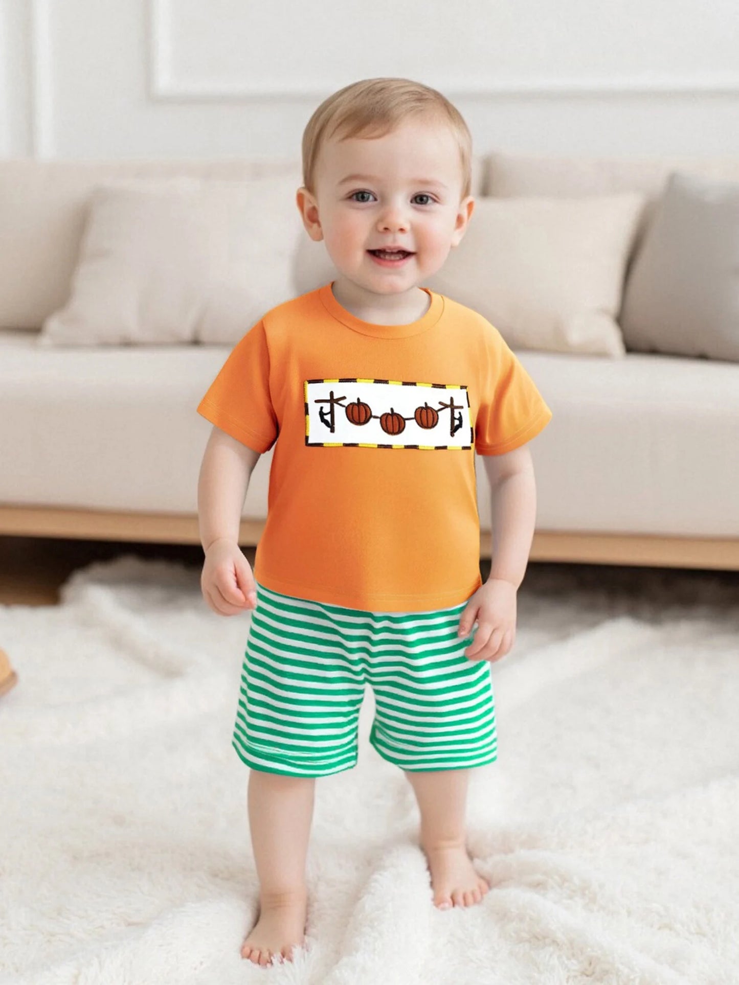 Adorable Baby Boys Summer Set with Pumpkin Embroidery T-Shirt and Striped Shorts - 2 Piece Outfit for a Stylish Look