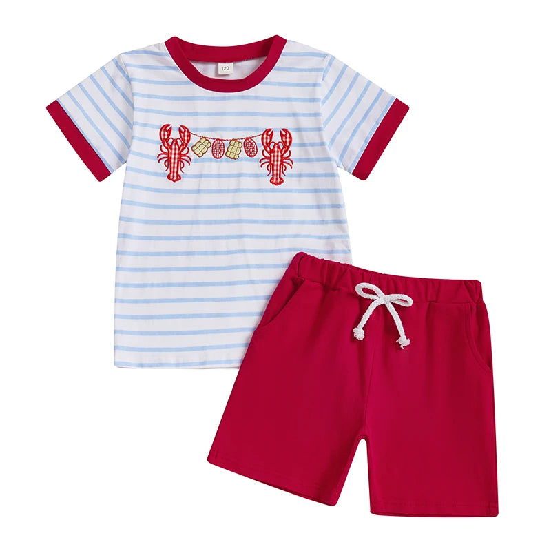 Boys Summer Outfit Set Short Sleeve Striped T-shirt with Embroidered Crayfish Design and Elastic Waist Shorts for Toddlers
