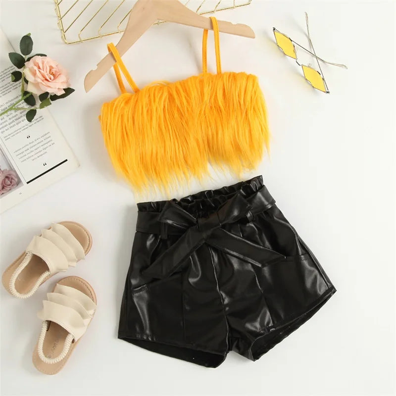 Listenwind 2-7Y Kids Children Girls Clothes Set Vest Tops Pu Leather Bow Shorts Summer Outfits