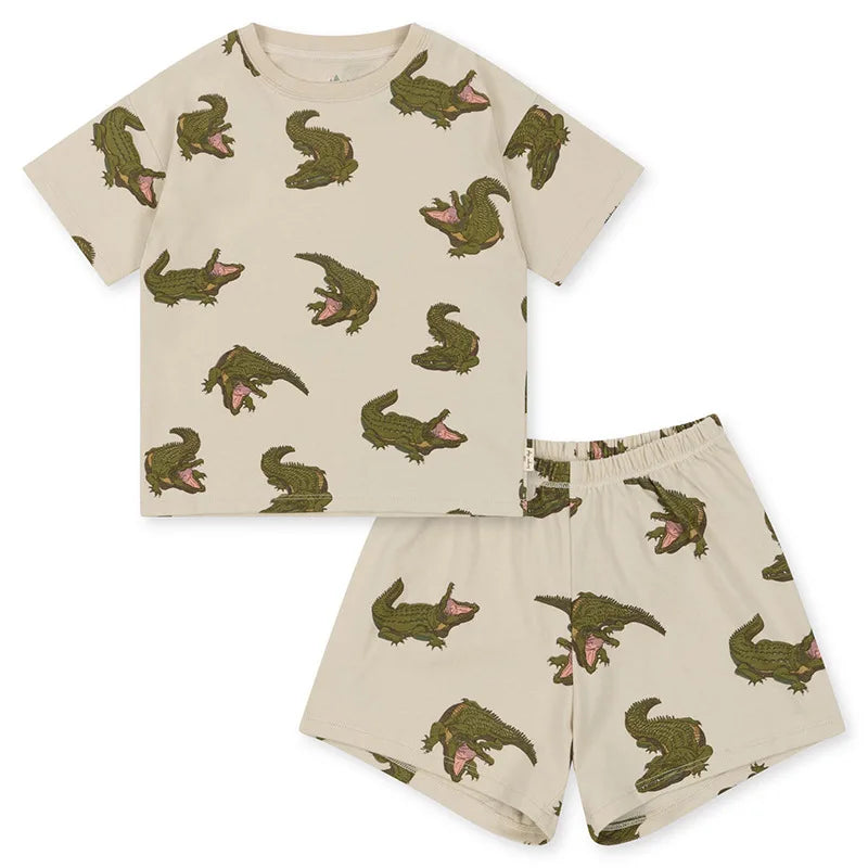 2025 Summer KS Children's Clothing Baby Girls Cartoon Swan Short Sleeve T Shirts Suits Boys Gorilla Bottom T-shirt Kids Home Set