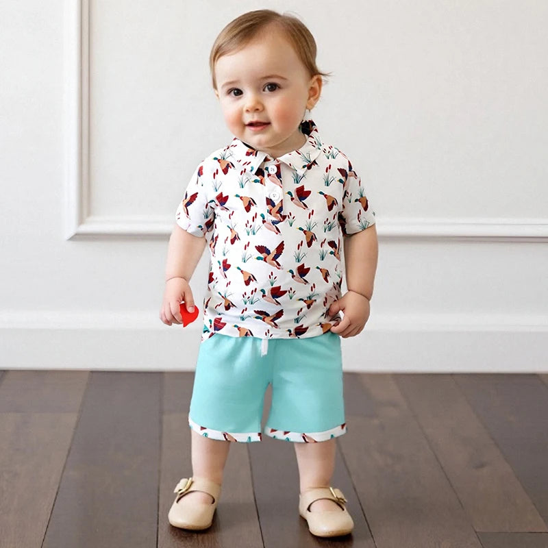 Toddler Boys Casual Outfits Dinosaur Print Short Sleeve Shirt and Shorts Set for Summer 2 Piece Clothing Set with Elastic