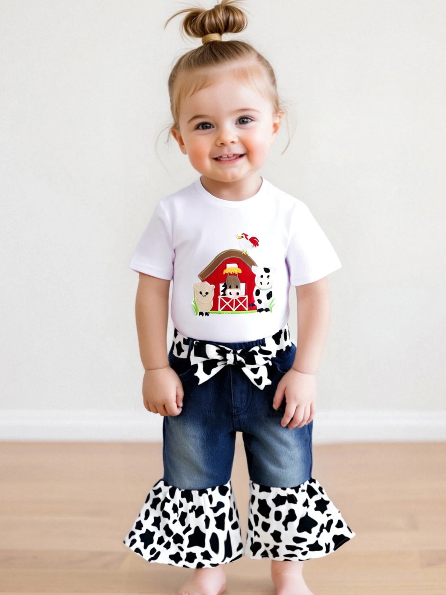 Adorable Baby Girl Farm Clothes Set with Cute Piglet Embroidery Top Denim Patchwork Pants and Matching Headband - 3 Piece