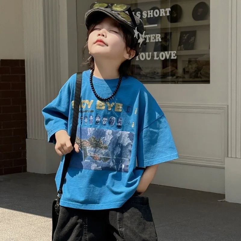 Children T-shirt Summer Boys Fashion Handsome Print Blue Crewneck Short Sleeve Loose Fit Version Tops Kid Clothes Tees A52020