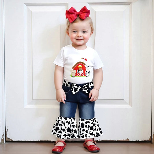 Adorable Baby Girl Farm Clothes Set with Cute Piglet Embroidery Top Denim Patchwork Pants and Matching Headband - 3 Piece