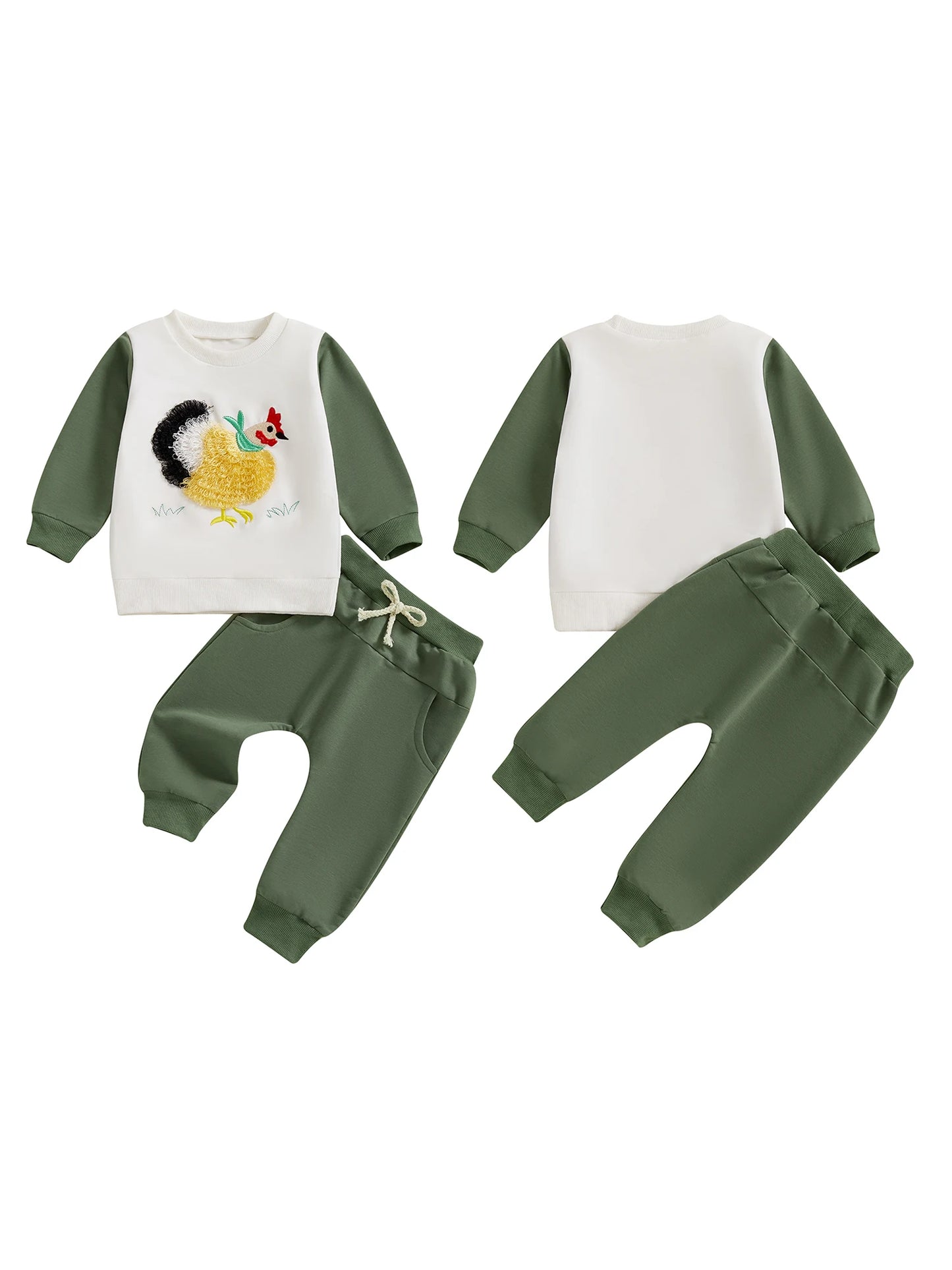 Boys Autumn Outfits Hen Embroidery Sweatshirts and Pants Set Long Sleeve Pullover and Trousers 2-Piece Clothing Ensemble