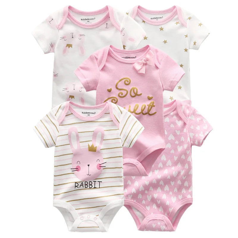 Kiddiezoom 5 Piece Fashion Cartoon Boys and Girls Bodysuits 100% Cotton Soft Newborn Bodysuit Set Summer