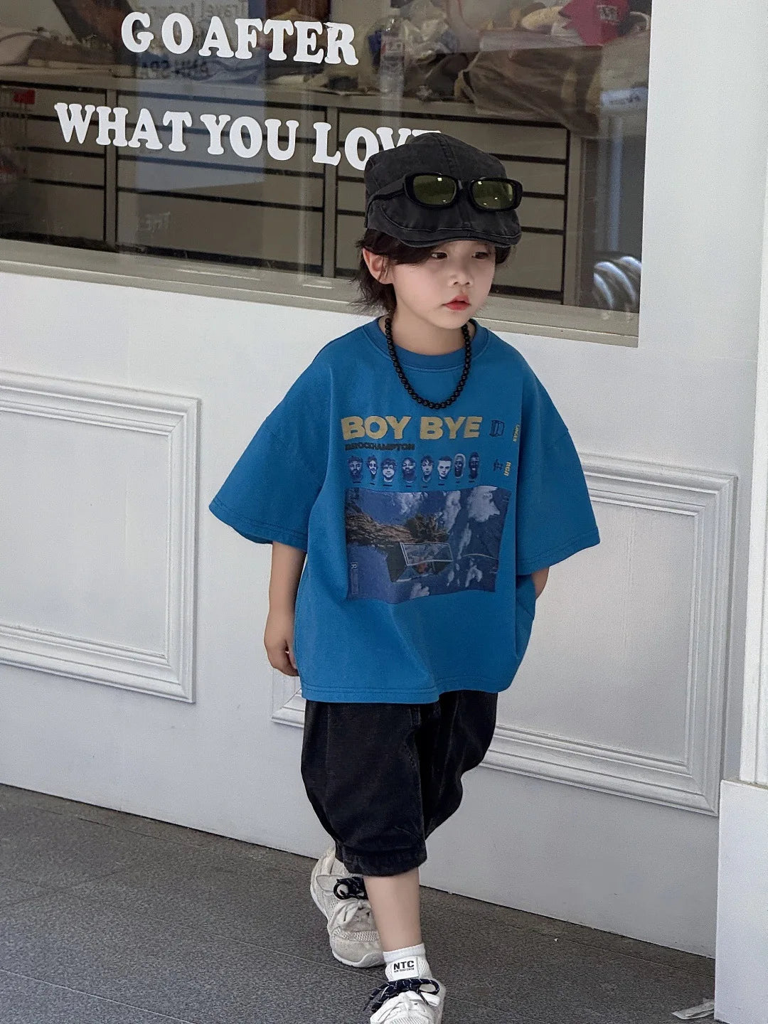 Children T-shirt Summer Boys Fashion Handsome Print Blue Crewneck Short Sleeve Loose Fit Version Tops Kid Clothes Tees A52020