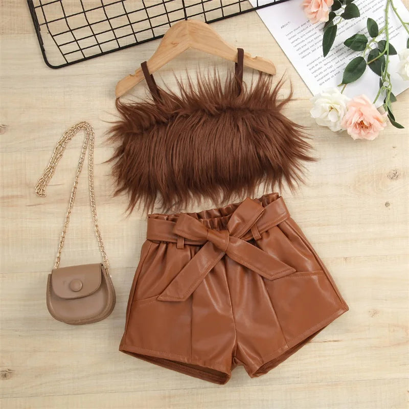Listenwind 2-7Y Kids Children Girls Clothes Set Vest Tops Pu Leather Bow Shorts Summer Outfits