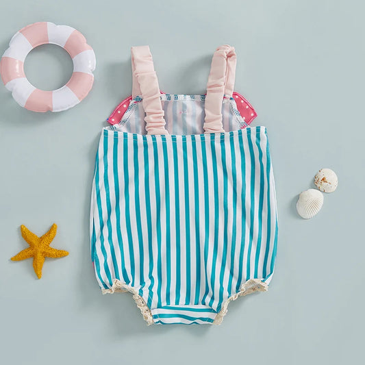Striped Print Sleeveless Square Neck Baby Girl Swimsuit Toddler Bathing Suit Summer Swimwear Beachwear for Infants
