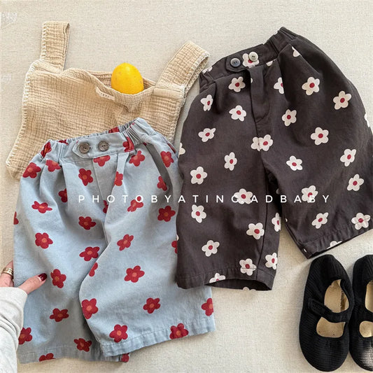 Children Girls Flower Pant Cotton Printed Loose Cropped Pant Fot Baby Girl Ins Toddler Girl Mosquito-proof Pant Kids Girl Shorts