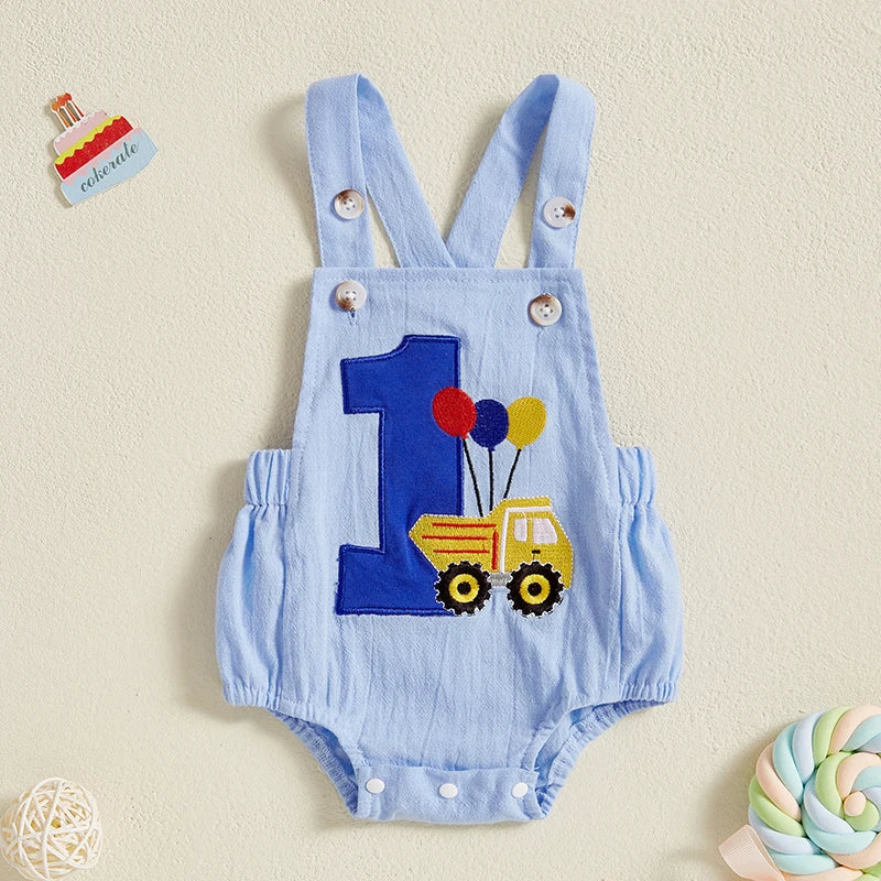 Infant 1st Birthday Denim Jumpsuit with Number Embroidery and Sleeveless Design Square Neck Baby Romper Bodysuit