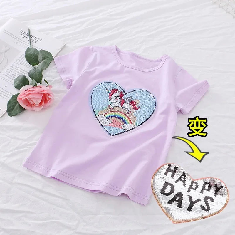 2025 New Unicorn Kids T-shirt Short sleeves Children Cotton Summer Baby Girls Tee Party Princess Girl Clothes Costumes 3-8Y