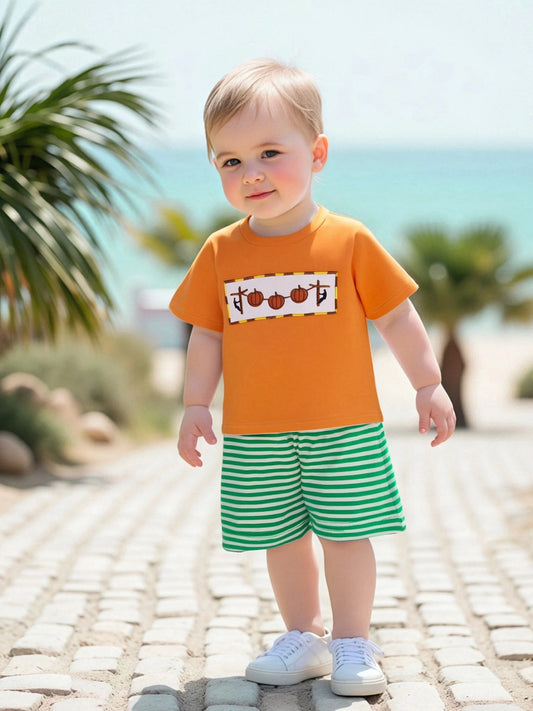 Adorable Baby Boys Summer Set with Pumpkin Embroidery T-Shirt and Striped Shorts - 2 Piece Outfit for a Stylish Look
