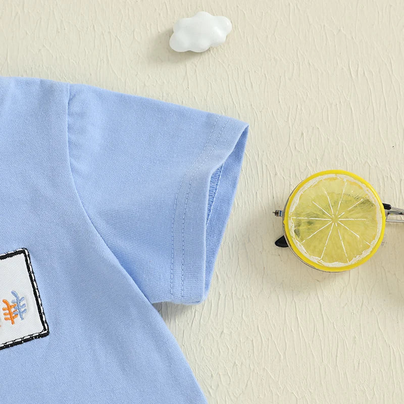 Boys Summer Outfit Set with Short Sleeve Ocean Animal Embroidered Top and Striped Shorts - Cute and Comfy Summer Wear