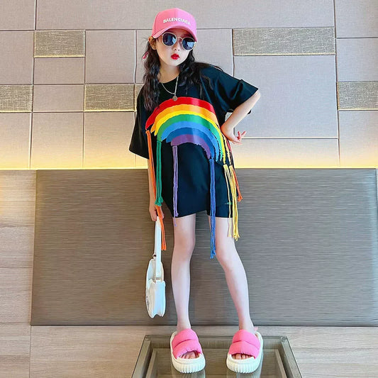 Girls T-shirt Summer Teenagers Short Sleeve Tops Tees Sport Kids School Costume Children Long Clothes 4-12 Years Old