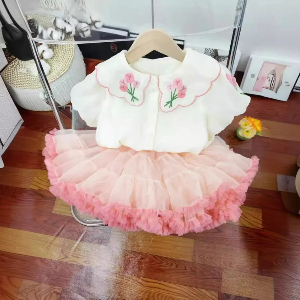Bear Leader Summer Sweet and Cute Girl's Clothing Embroidered Flower Doll Collar Short Sleeve Top+Mesh Puff Skirt Two Piece Set