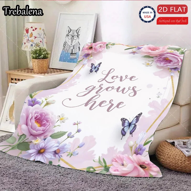 Flannel Blanket-Soft Lightweight All-season Floral Butterfly Baby Blanket Soft Cozy Love Grows Here Design