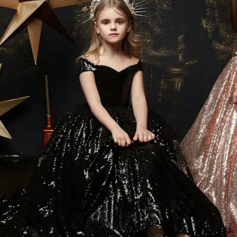 Luxury Formal Evening Dresses for Flower Girl Dress Kids  Birthday Party Elegant Sequins Gown Fluffy Long Pageant Prom Ball Gown