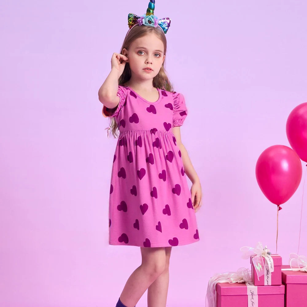 DXTON Short Sleeve Girls Clothing Children Summer Dresses Heart Print School Kids Daily Dress Toddler Vacation Costumes