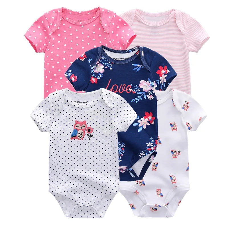 Kiddiezoom 5 Piece Fashion Cartoon Boys and Girls Bodysuits 100% Cotton Soft Newborn Bodysuit Set Summer