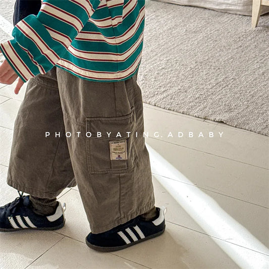 2025 Spring New Children Cargo Pants Cotton Boys Casual Pants Solid Versatile Baby Girls Loose Trousers Kids Wide Leg Pants