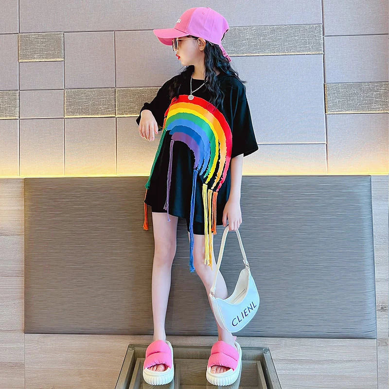 Girls T-shirt Summer Teenagers Short Sleeve Tops Tees Sport Kids School Costume Children Long Clothes 4-12 Years Old