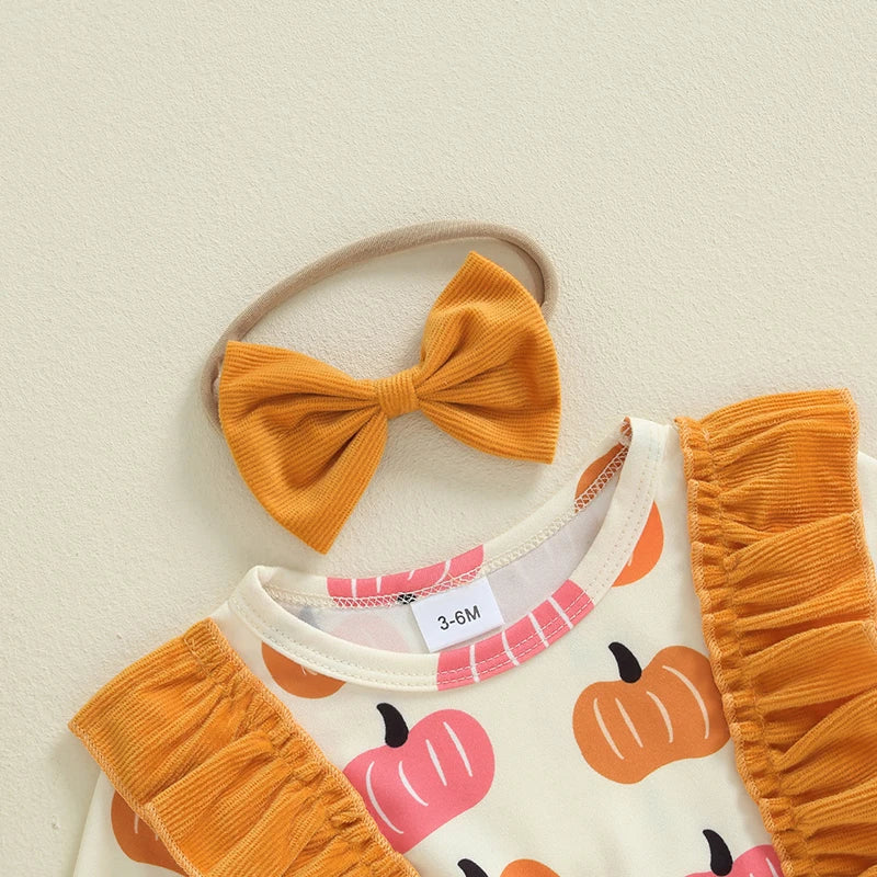 Toddler Girls Halloween Costume Dress with Pumpkin Print Romper Flying Sleeves O Neck and Matching Headband for a Spooky Look
