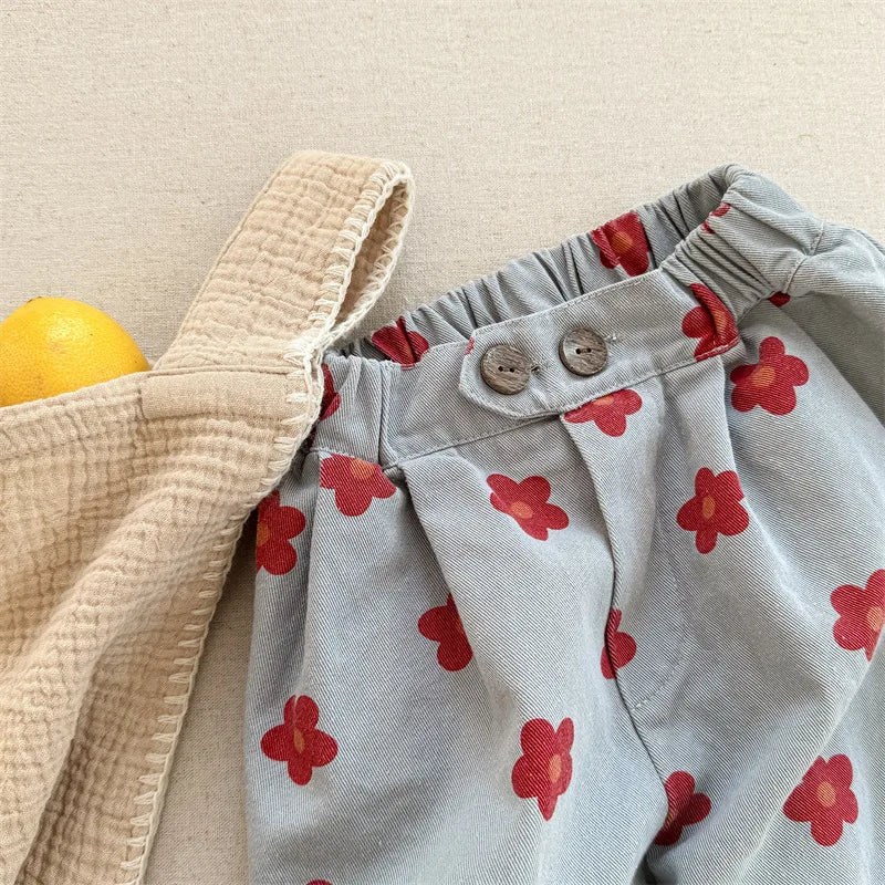 Children Girls Flower Pant Cotton Printed Loose Cropped Pant Fot Baby Girl Ins Toddler Girl Mosquito-proof Pant Kids Girl Shorts